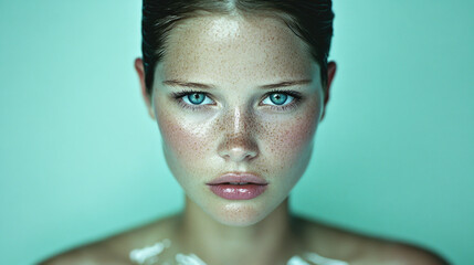 Portrait of freckled woman with natural beauty and intense gaze against aqua background