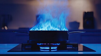 Close-up of a gas burner with a pot resting on it, showing blue flames and the sleek metallic design of a modern gas cooker.