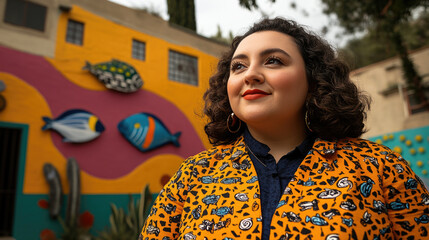 Woman in colorful jacket smiling in front of vibrant wall art mural