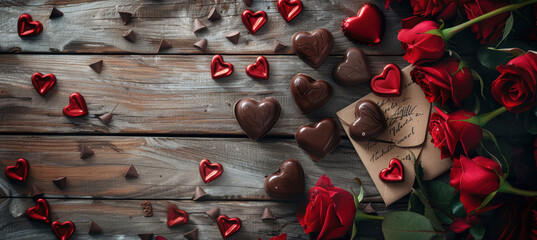 Valentine's Day Romantic Flat Lay with Heart Chocolates, Red Roses, and Letters on Rustic Wood