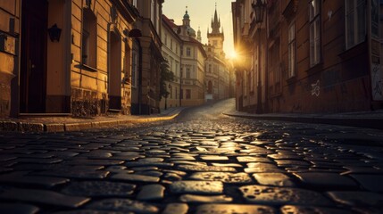 Aufkleber - A charming view of the old town in Prague with cobblestone streets and historical architecture illuminated by golden evening light, urban setting with historical elegance, Golden style