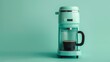© Galib - A teal single-serve coffee maker with a cup of coffee on a teal background.
