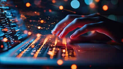 Light from a laptop keyboard shining on fingertips in a dark room, with the keys brightly illuminated in the night.