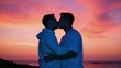 © Pixel Matrix - Two gay men share a heartfelt moment under synthwave-colored skies at dusk