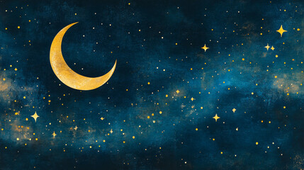 Wall Mural - a serene night sky background featuring a glowing crescent moon surrounded by twinkling stars, set a
