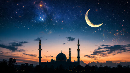 Wall Mural - a serene night sky background featuring a glowing crescent moon surrounded by twinkling stars, set a