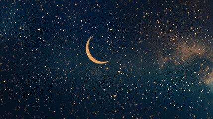 A serene night sky background featuring a glowing crescent moon surrounded by twinkling stars, set against a deep blue backdrop. This design is ideal for a Ramadan greeting card, c