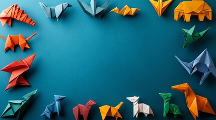 Colorful origami animals arranged on a blue background.