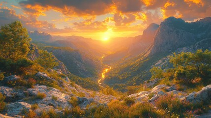 A breathtaking view of a mountain valley at sunset, with a river winding its way through the landscape. The sky is ablaze with vibrant colors, casting a golden glow over the scene.