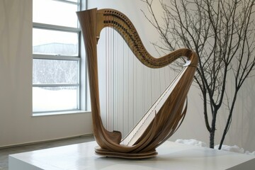 Beautifully designed wooden harp standing on a white podium, bringing music and nature indoors