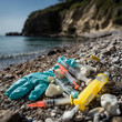 © Marut - image depicts beach littered with discarded syringes and medical waste, highlighting environmental impact of pollution. scene evokes sense of concern for nature and public health