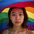 © Pixel Matrix - Portrait of teary-eyed Asian queertransgender person hidden beneath a vibrant pride flags stripes