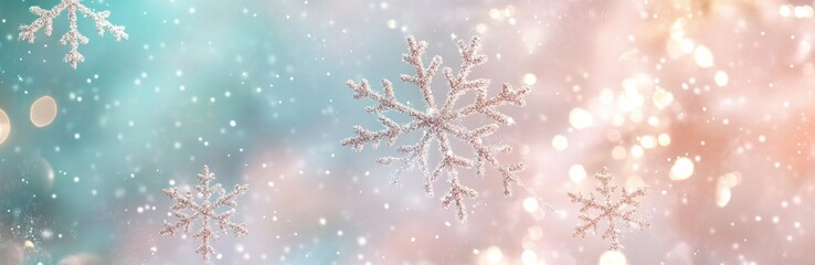 Wall Mural - Winter background with soft falling snowflakes, festive holiday banner. Festive winter atmosphere. Banner.