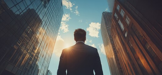 Wall Mural - Silhouette of a businessman standing between tall buildings looking at the sky.