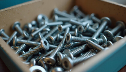 Box of assorted screws and bolts in wooden organizer