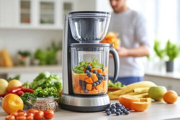 A person blends fresh ingredients, including blueberries, melons, and greens, in a contemporary kitchen. The bright surroundings feature various fruits and vegetables, highlighting a healthy lifestyle