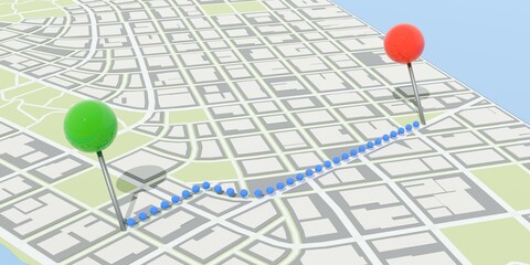 Red and green pin needle location markers on flat city map background with connecting route in blue, travel, navigation, route finding or gps location concept