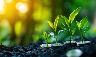 Young green plants growing on coins in soil