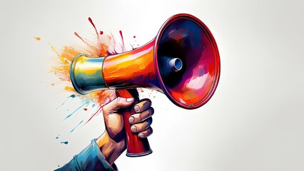 Loudspeaker in hand, close-up. Hand holding megaphone on white background.