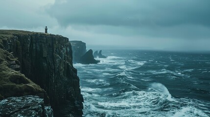 Poster - A dramatic coastal cliff with a lone lighthouse perched on the edge, overlooking a stormy ocean with turbulent waves, rugged setting with dramatic sea views