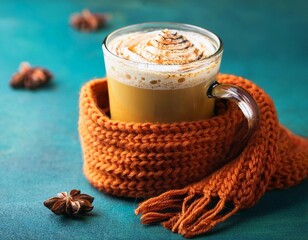 pumpkin spiced latte or coffee in glass decorated knitted scarf on turquoise vintage background autumn fall or winter hot drink cozy breakfast