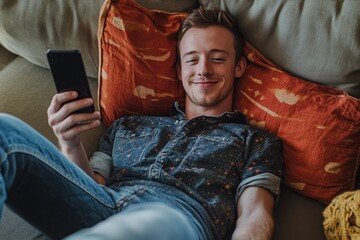 Relaxed young man in casual attire is happily lounging on a couch, using his smartphone and smiling while unwinding at home