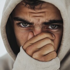 Serious young man in hoodie covering his mouth and nose with hand, conveying feelings of unease, worry, or illness in a close-up portrait