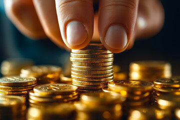 A person putting a stack of gold coins on top of a pile of coins