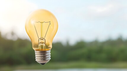 Fototapete - Floating Light Bulb Glowing Above a Serene Landscape Symbolizing Breakthrough Ideas Clean Energy and Sustainable Solutions for Business and the Environment