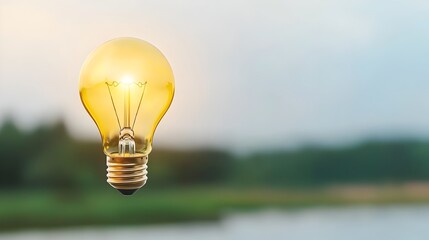 Poster - Glowing Light Bulb Hovering Over a Serene and Tranquil Landscape Symbolizing Breakthrough Ideas in Clean Energy Business and Sustainability Concepts