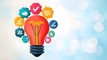 Fototapete - Vibrant watercolor painting of a light bulb with energy efficient icons representing innovative business ideas and smart solutions set against a soft