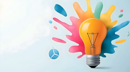 Poster - Vibrant watercolor splashes emitting from a glowing light bulb representing a breakthrough in marketing and clean energy