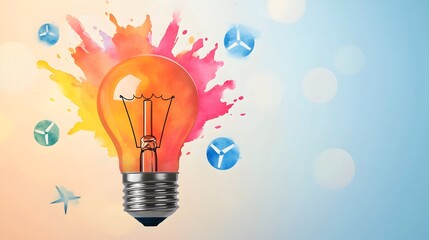 Aufkleber - Vibrant watercolor lightbulb emitting splashes representing a marketing or business breakthrough with clean energy symbols floating around in a dreamy bokeh filled backdrop symbolizing innovation