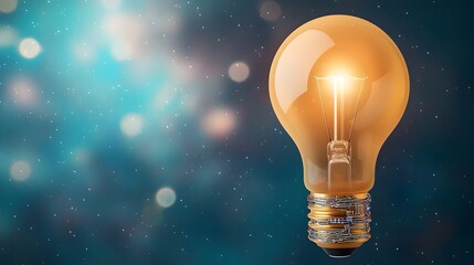 Aufkleber - Glowing Genius Idea   A brilliant light bulb base wrapped with circuitry emitting a warm glow with bokeh lights dancing in a cosmic nebula background representing a genius idea or moment of