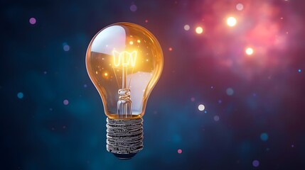 Poster - Brilliant light bulb with circuitry wrapped around the base emitting a warm glowing light against a cosmic nebula background with dancing bokeh lights representing a genius idea or innovative concept