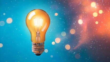 Fototapete - A brilliant light bulb its base wrapped in circuitry emits a warm glow with dancing bokeh lights against a cosmic nebula background representing the spark of a genius idea
