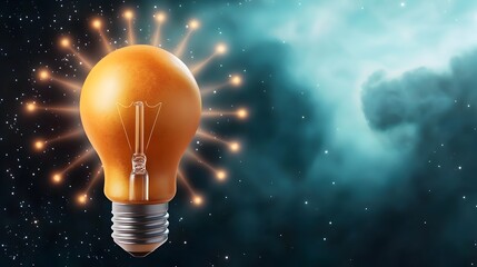 Poster - Conceptual light bulb with rays of innovation soft bokeh lights orbiting the bulb and nebula clouds in the backdrop symbolizing a visionary breakthrough and profound insight