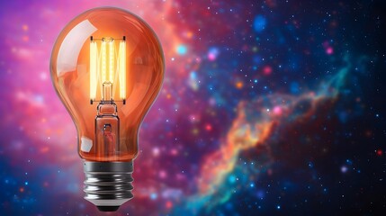 Futuristic light bulb with circuit patterns on the base illuminating a field of vibrant colorful bokeh against a stunning cosmic nebula backdrop creating a bold and innovative conceptual image