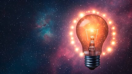 Fototapete - Glowing abstract light bulb encircled by a vibrant nebula background and dazzling bokeh lights symbolizing a moment of breakthrough innovation and creative