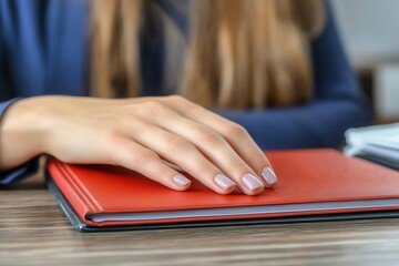 A hand with neatly trimmed nails rests on a red book adorned with Cyrillic text, suggesting formality and importance. The wooden surface and blurred background create a calm, contemplative atmosphere,