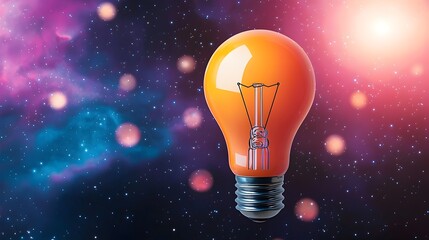Fototapete - A vivid glowing light bulb shining brightly amidst a backdrop of bokeh light orbs and a captivating starry nebula with the bulb s base adorned in tracking lines symbolizing innovation technology