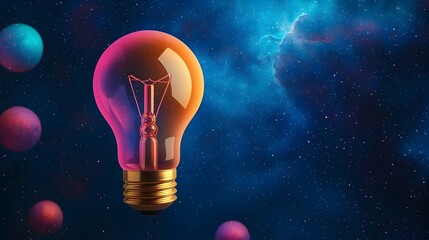 Fototapete - A vivid light bulb shining brightly amidst a backdrop of luminous bokeh light orbs and a captivating starry nebula with the bulb s base adorned in tracking lines
