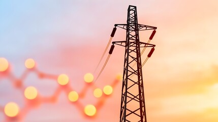 Leinwandbilder - Majestic power pole standing tall against a backdrop of glowing energy consumption data graph with warm toned bokeh lights cascading below capturing the intersection of technology and analytics