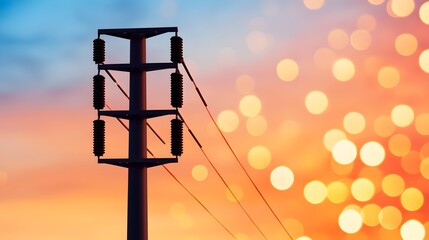 Fototapete - Powerful high voltage electricity transmission tower standing tall against a backdrop of a glowing power consumption graph with warm toned bokeh lights cascading below the image