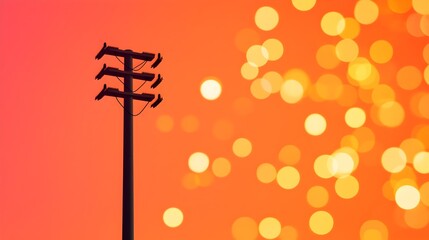 Fototapete - Towering high voltage electricity pylon standing against a warm glowing backdrop of a power consumption analytics graph  Luminous blurred bokeh lights cascade below the industrial infrastructure