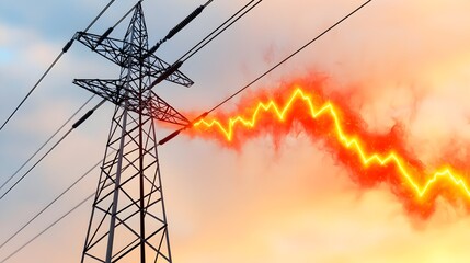 Fototapete - Electric power line intersecting with a surging power graph intense heat symbolized by orange and red bokeh lights below  Abstract technology and energy infrastructure concept