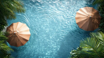 Two brown umbrellas on a blue swimming pool with palm leaves around it.