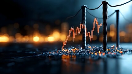 Poster - A dramatic visual of a dark urban cityscape with high voltage power lines and poles framing a sharp decline in a market graph
