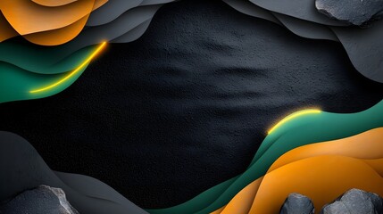 Fototapete - Visually striking abstract digital texture featuring a dynamic interplay of vibrant yellow and green glowing geometric shapes set against a grainy black and gradient background