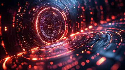 Aufkleber - Futuristic digital technology circle with glowing lines and data points set against a dark backdrop representing big data and advanced technology in a 3D rendering